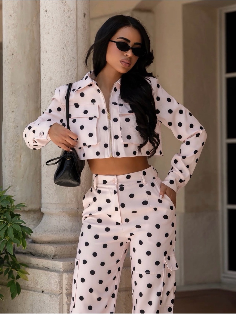 Polka Dot Crop Jacket & Wide Leg Pants Set - Cream/ Black